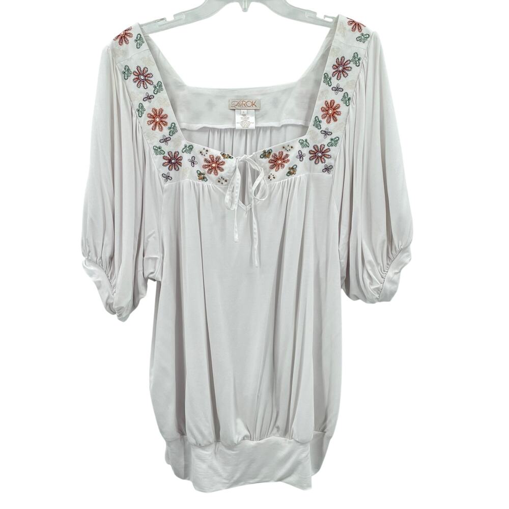 La Rok Women's White Boho‎ Blouse, Sz. L, Embroidered Beaded Square Neck Viscose